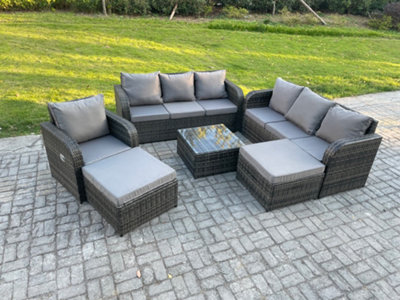B&Q -  9 Seater Outdoor Rattan Garden Furniture Set Conservatory Patio Sofa Coffee Table With 2 Big Footstool Dark Grey Mixed