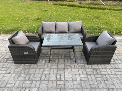 Fimous Rattan Wicker Garden Furniture Patio Conservatory Sofa Set With Rectangular Dining Table Reclining Chair For Balcony