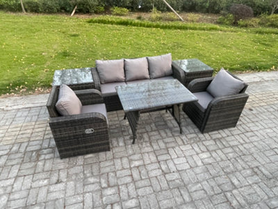 Fimous Rattan Wicker Garden Furniture Patio Conservatory Sofa Set With Dining Table Reclining Chair 2 Side Tables