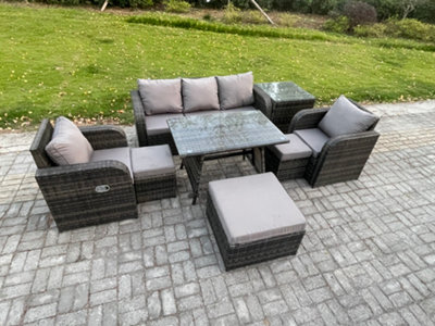 Fimous 8 Seater Rattan Wicker Garden Furniture Patio Conservatory Sofa Set With Oblong Dining Table Reclining Chair