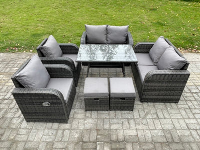 Fimous Wicker Pe Rattan Garden Dining Set Outdoor Furniture Sofa With Rectangular Dining Table 2 Small Footstool Dark Grey Mixed