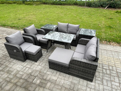 Fimous 9 Seater Wicker Pe Rattan Garden Dining Set Outdoor Furniture Sofa With Rectangular Dining Table 3 Footstools