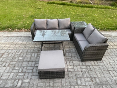 Fimous High Back Rattan Sofa Set Outdoor Garden Furniture Dining Table Set Love Sofa 3 Seater Sofa Big Footstool