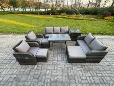 B&Q -  Outdoor Rattan Garden Furniture Set 10 Seater Patio Lounge Sofa Set With Dining Table 3 Footstools Side Table