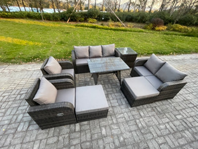 B&Q -  Outdoor Rattan Garden Furniture Set 9 Seater Patio Lounge Sofa Set With Dining Table 2 Big Footstool Side Table