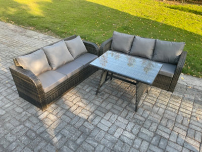 Fimous 6 Seater Garden Furniture Sofa Set Rectangular Dining Table Indoor Outdoor Rattan Set Mixed Dark/Grey