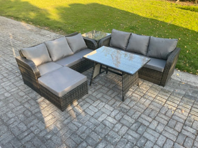 Fimous Garden Furniture Sofa Set Rectangular Dining Table Big Footstool Side Table Indoor Outdoor 7 Seater Rattan Set