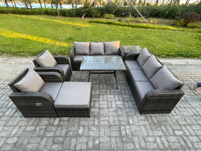 Fimous Rattan Outdoor Garden Furniture Sofa Set Patio Table & Chairs Set With 3 Seater Sofa Rectangular Dining Table