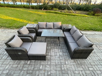 B&Q -  9 Seater Rattan Outdoor Garden Furniture Sofa Set Patio Table & Chairs Set With 3 Seater Sofa Rectangular Dining Table