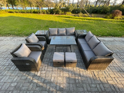 B&Q -  10 Seater Rattan Outdoor Garden Furniture Sofa Set Patio Table & Chairs Set With 3 Seater Sofa Dining Table Footstool
