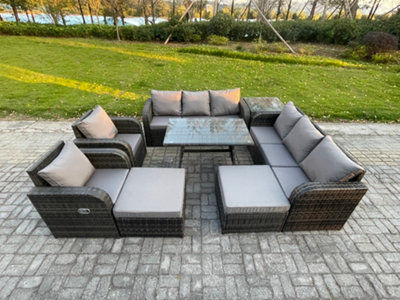 Fimous Outdoor Lounge Sofa Set Wicker Pe Rattan Garden Furniture Set With Dining Table Side Table 2 Big Footstool