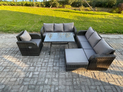 Fimous Outdoor Sofa Set Wicker Pe Rattan Garden Furniture Set With Dining Table Reclining Chair Dark Grey Mixed from B&Q