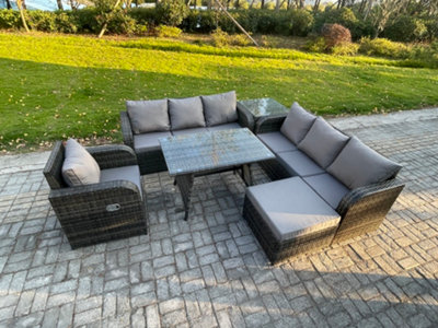 Fimous Outdoor Lounge Sofa Set Wicker Pe Rattan Garden Furniture Set With Dining Table Reclining Chair Big Footstool Side Table