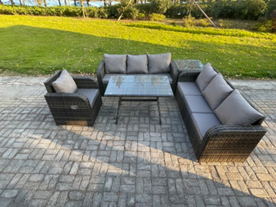 Fimous Outdoor Lounge Sofa Set Wicker Pe Rattan Garden Furniture Set With Dining Table Reclining Chair Side Table Dark Grey Mixed from B&Q