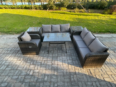 B&Q -  Outdoor Sofa Set Wicker Rattan Garden Furniture Set With Dining Table Reclining Chair Dark Grey Mixed