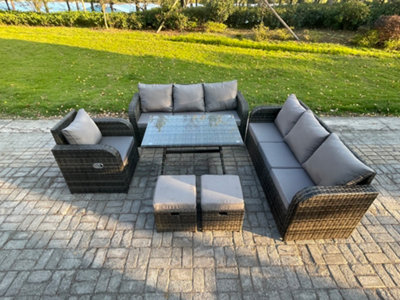 Fimous Outdoor Lounge Sofa Set Wicker Pe Rattan Garden Furniture Set With Dining Table Reclining Chair 2 Footstools Small