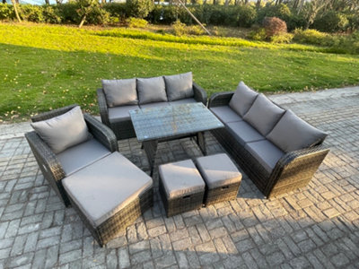 Fimous Wicker 7 Pieces Rattan Garden Furniture Sofa Set With Rectangular Dining Table Armchair 3 Footstools from B&Q