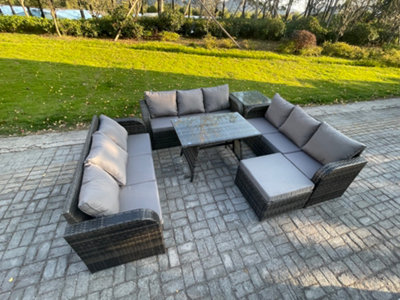 Fimous 10 Seater Wicker Rattan Garden Furniture Set With Dining Table Big Footstool Side Table Patio Outdoor Lounge Sofa Set