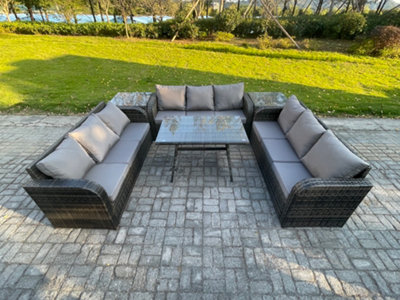 B&Q -  9 Seater Wicker Rattan Garden Furniture Set With Dining Table 2 Side Tables Patio Outdoor Lounge Sofa Set