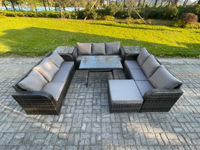 B&Q -  10 Seater Rattan Garden Furniture Set With Dining Table 2 Side Tables Big Footstool Patio Outdoor Lounge Sofa Set