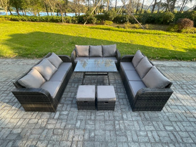Fimous 11 Seater Wicker Rattan Garden Furniture Set With Dining Table 2 Small Footstools Patio Outdoor Lounge Sofa Set