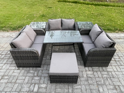 Fimous Rattan Garden Furniture Set 7 Seater Patio Outdoor Love Sofa Set With Rectangular Dining Table Mixed Dark/Grey