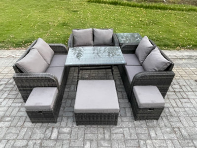B&Q -  Outdoor Rattan Garden Furniture Set 9 Seater Patio Love Sofa Set With Rectangular Dining Table 3 Footstools Side Table