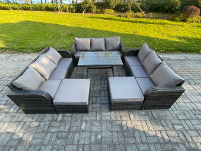 Fimous Rattan Garden Furniture Dining Set 11 Seater Patio Rectangular Table 2 Big Footstool Mixed Dark/Grey
