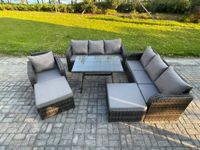 Fimous Rattan Garden Furniture Dining Set 9 Seater Patio Rectangular Table 2 Big Footstool Mixed Dark/Grey