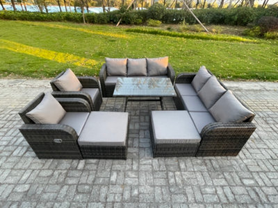 B&Q -  Rattan Garden Furniture Dining Set 10 Seater Patio Rectangular Table 2 Big Footstool Dark Grey Mixed
