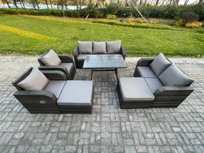 B&Q -  Rattan Garden Furniture Dining Set 9 Seater Patio Rectangular Table 2 Big Footstool Love Sofa Dark Grey Mixed