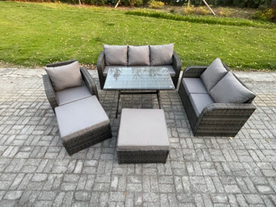 Fimous Rattan Garden Furniture Dining Set 8 Seater Patio Rectangular Table 2 Big Footstool Love Sofa Reclining Chair