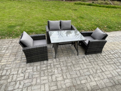 Fimous Dark/Grey Outdoor Garden Furniture High Back Rattan Sofa Dining Table Set Mixed
