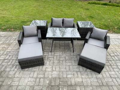 Fimous Rattan Wicker Garden Furniture 6 Seater Patio Conservatory Sofa Set With Rectangular Dining Table Armchair