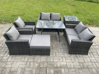 B&Q -  Rattan Garden Furniture Set 7 Seater Patio Outdoor Lounge Sofa Set With Rectangular Dining Table For Balcony