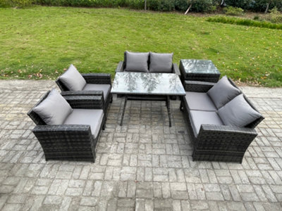 B&Q -  Rattan Garden Furniture Set 6 Seater Patio Outdoor Lounge Sofa Set With Rectangular Dining Table For Balcony
