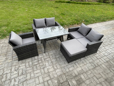 Fimous 6 Seater Rattan Garden Dining Set Outdoor Furniture Sofa With Rectangular Dining Table Double Seat Sofa Big Footstool