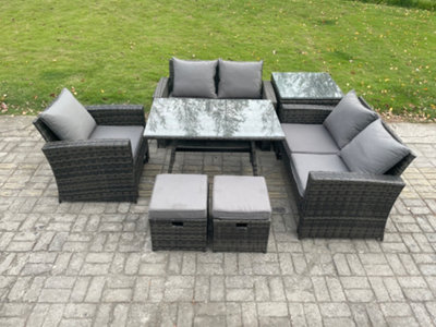B&Q -  Rattan Garden Dining Set Outdoor Furniture Sofa With Rectangular Dining Table Love Seat Sofa Side Table 2 Small Footstools