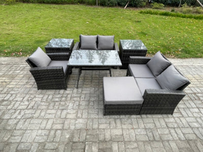 Fimous Rattan Garden Dining Set Outdoor Furniture Sofa With Rectangular Dining Table Love Seat Sofa 2 Side Tables Big Footstool from B&Q