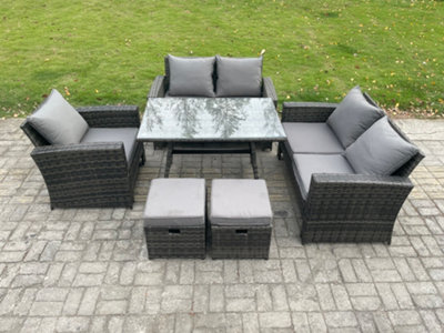 B&Q -  Rattan Garden Dining Set Outdoor Furniture Sofa With Rectangular Dining Table Love Seat Sofa 2 Small Footstools