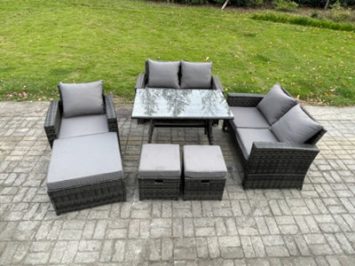 B&Q -  8 Seater Garden Dining Set Rattan Outdoor Furniture Sofa With Rectangular Dining Table Double Seat Sofa Dark Grey Mixed