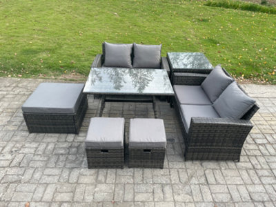 Fimous 7 Seater Garden Dining Set Rattan Outdoor Furniture Sofa With Rectangular Dining Table Double Seat Sofa 3 Footstools