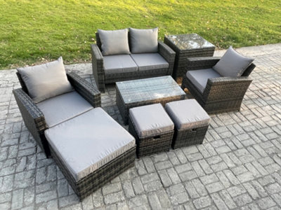 Fimous 7 Seater Outdoor Lounge Sofa Set Wicker Pe Rattan Garden Furniture Set With Rectangular Coffee Table Double Seat Sofa