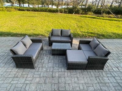 B&Q -  Dark Grey 7 Seater Outdoor Rattan Garden Furniture Set Patio Love Sofa Rectangular Coffee Table Set With Big Footstool