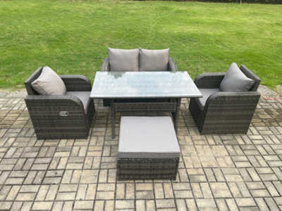 Fimous Outdoor Rattan Garden Furniture Lounge Sofa Set With Rectangular Dining Table 2 Pc Reclining Chair Footstool