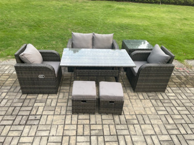 Fimous Outdoor Rattan Garden Furniture Lounge Sofa Set With Oblong Rectangular Dining Table 2 Small Footstool