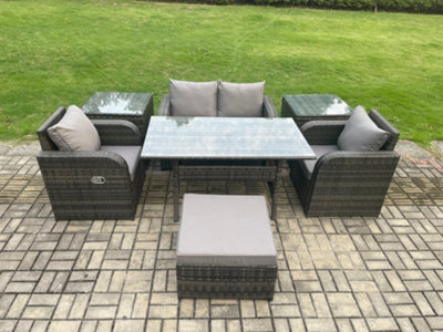 Fimous Outdoor Rattan Garden Furniture Lounge Sofa Set With Oblong Rectangular Dining Table 2 Reclining Chair