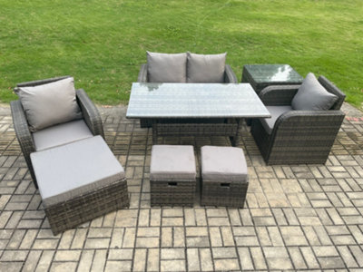 Fimous Rattan Outdoor Garden Furniture Set Rectangular Dining Table And Chair Sofa Set With Side Table 3 Footstools