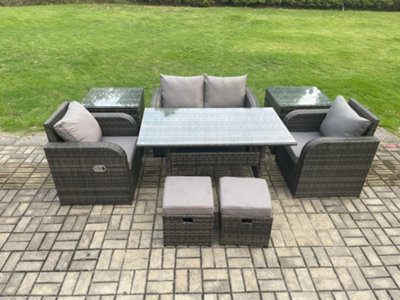 B&Q -  Rattan Outdoor Garden Furniture Set Rectangular Dining Table And Chair Sofa Set With 2 Side Tables For Balcony