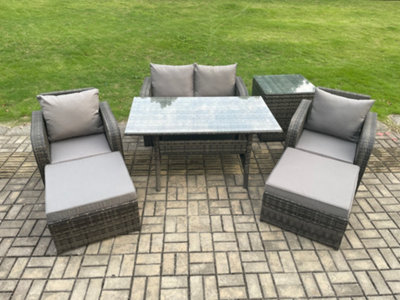 B&Q -  Rattan Outdoor Garden Furniture Set Rectangular Dining Table And Chair Sofa Set With Side Table 2 Big Footstool
